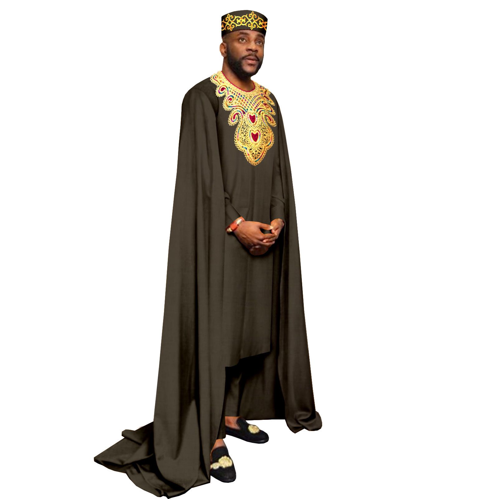 African Clothes for Men Embroidery Agbada Robe Pants Tribal Hat 3 Piece Set Wedding Outfits Traditional Attire