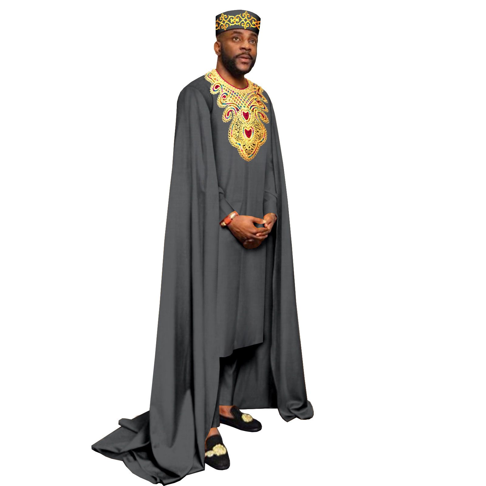 African Clothes for Men Embroidery Agbada Robe Pants Tribal Hat 3 Piece Set Wedding Outfits Traditional Attire