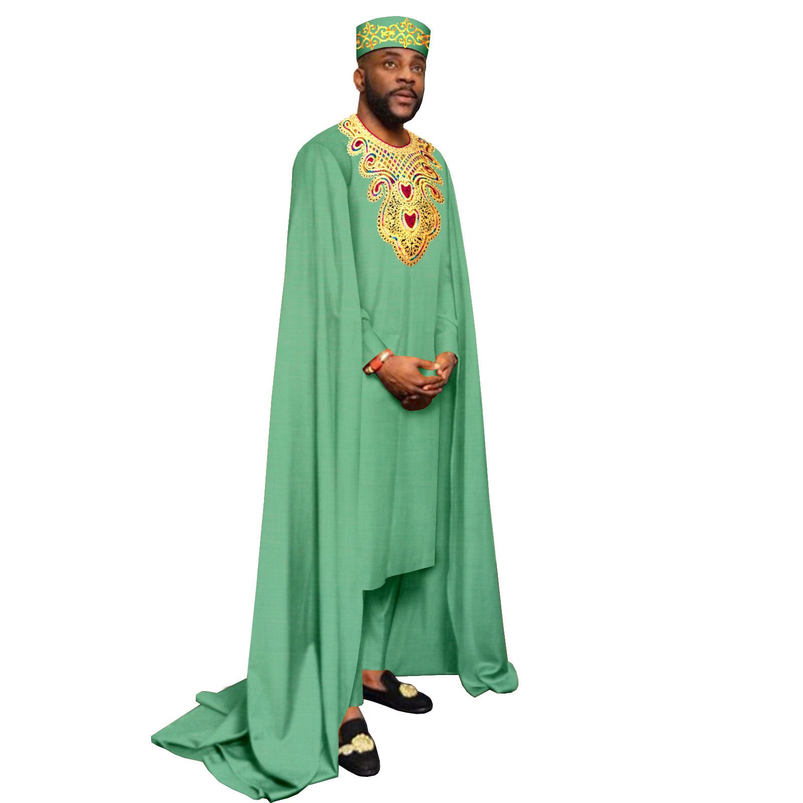 African Clothes for Men Embroidery Agbada Robe Pants Tribal Hat 3 Piece Set Wedding Outfits Traditional Attire