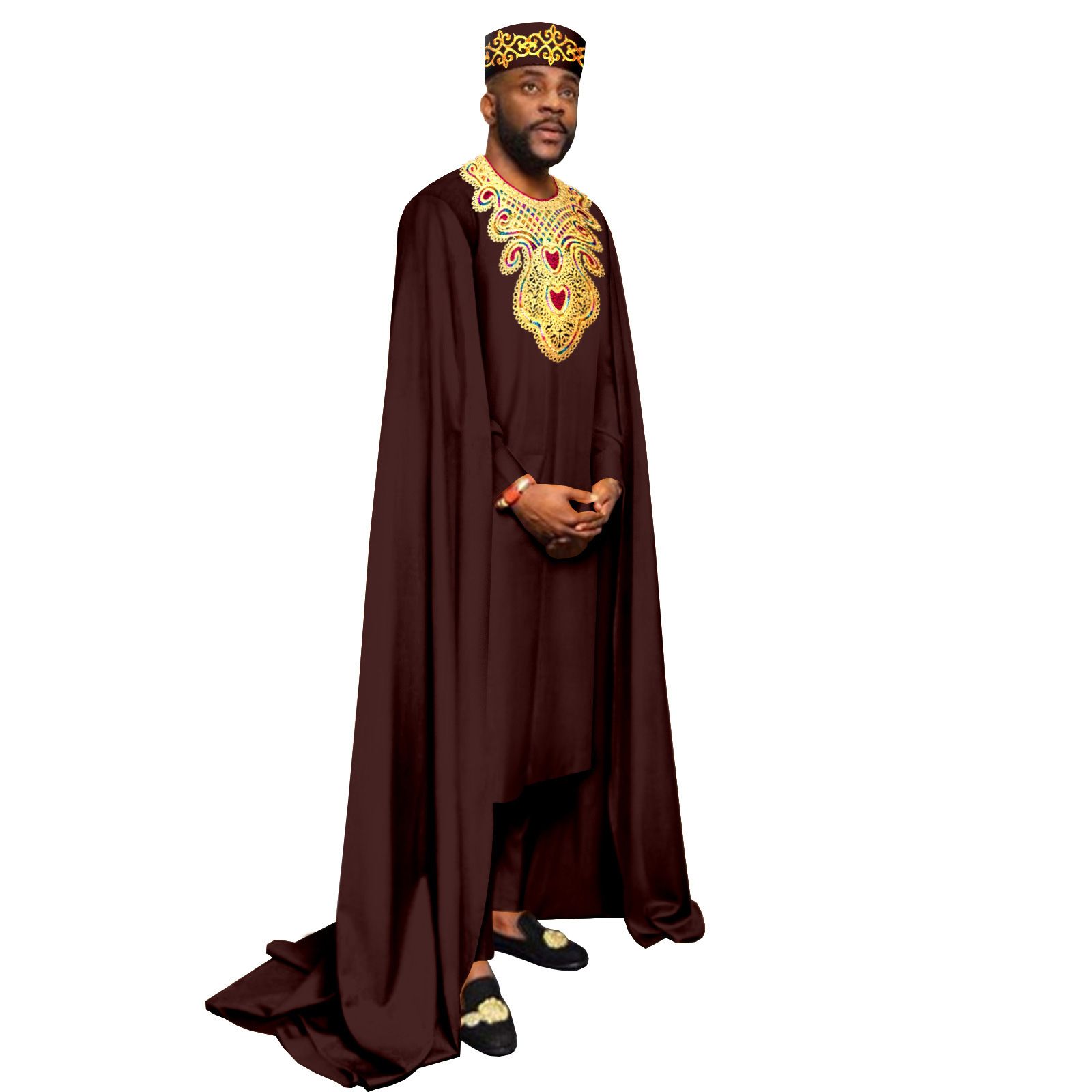 African Clothes for Men Embroidery Agbada Robe Pants Tribal Hat 3 Piece Set Wedding Outfits Traditional Attire