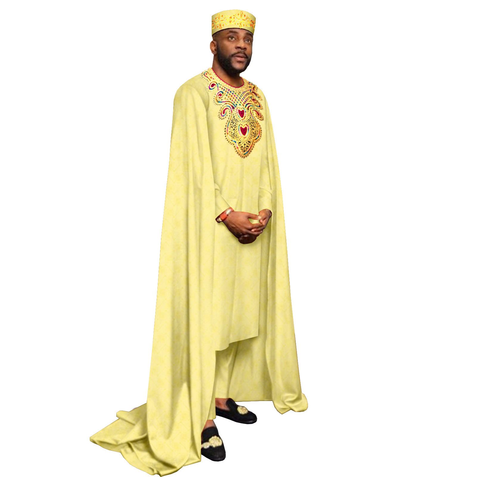 African Clothes for Men Embroidery Agbada Robe Pants Tribal Hat 3 Piece Set Wedding Outfits Traditional Attire