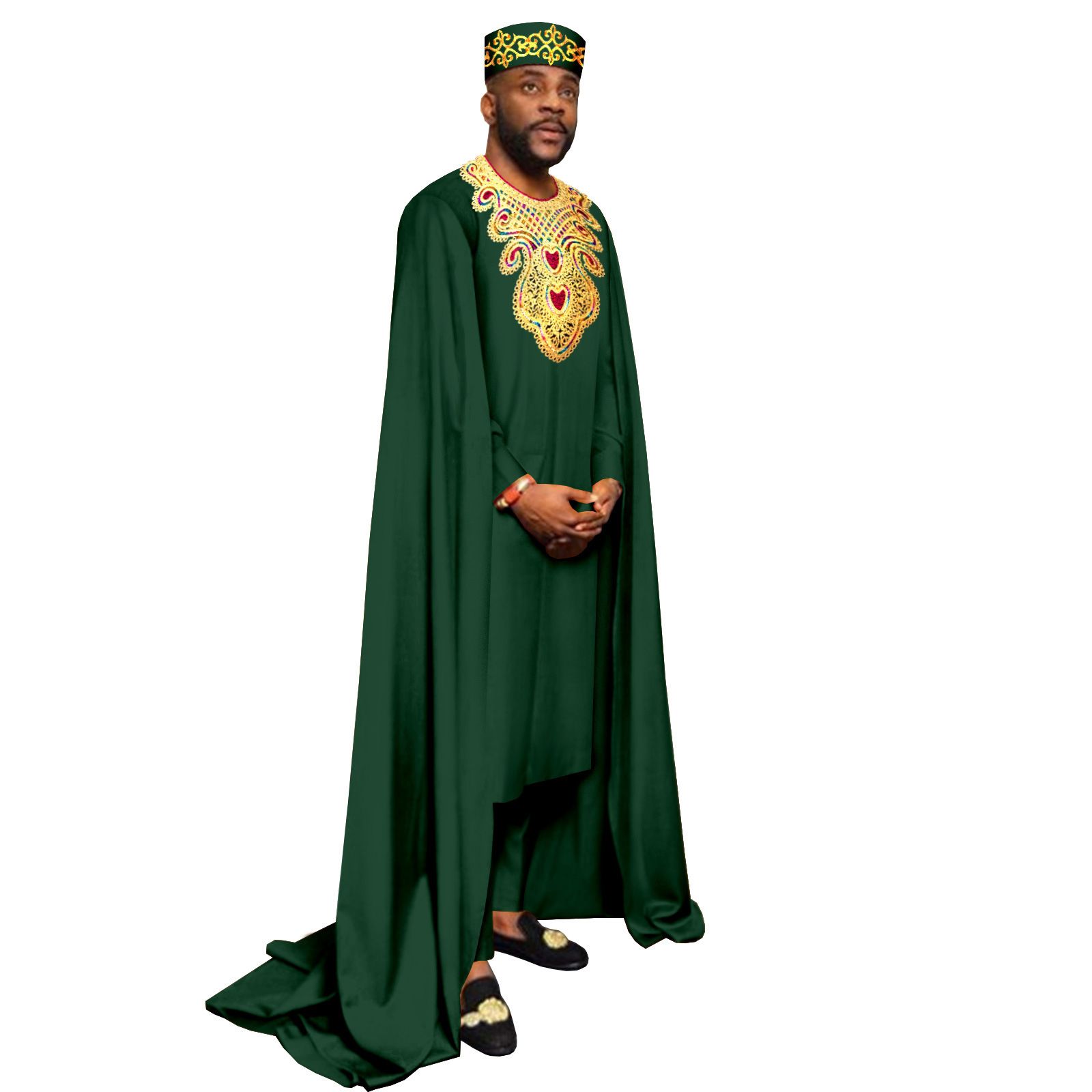 African Clothes for Men Embroidery Agbada Robe Pants Tribal Hat 3 Piece Set Wedding Outfits Traditional Attire