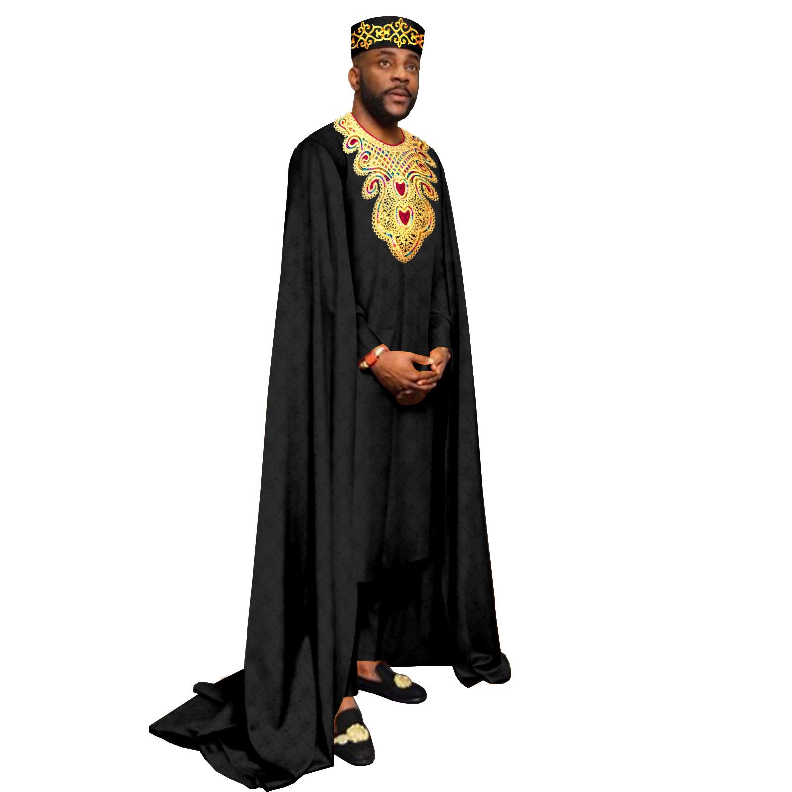 African Clothes for Men Embroidery Agbada Robe Pants Tribal Hat 3 Piece Set Wedding Outfits Traditional Attire