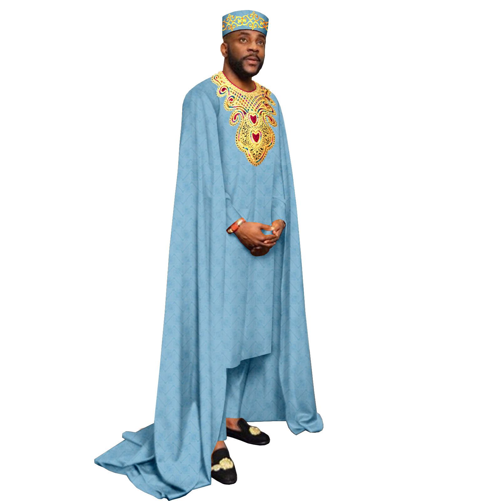 African Clothes for Men Embroidery Agbada Robe Pants Tribal Hat 3 Piece Set Wedding Outfits Traditional Attire