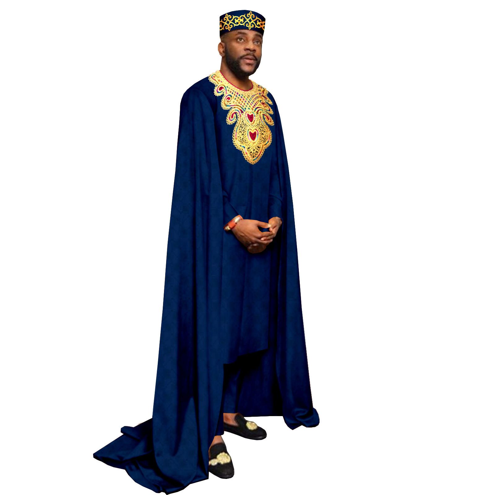 African Clothes for Men Embroidery Agbada Robe Pants Tribal Hat 3 Piece Set Wedding Outfits Traditional Attire