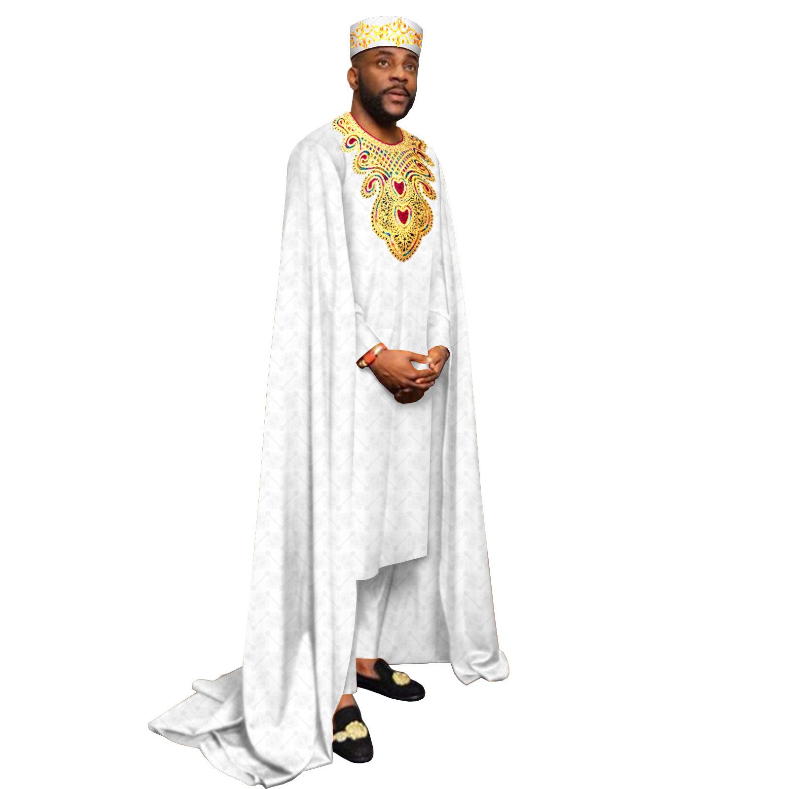 African Clothes for Men Embroidery Agbada Robe Pants Tribal Hat 3 Piece Set Wedding Outfits Traditional Attire