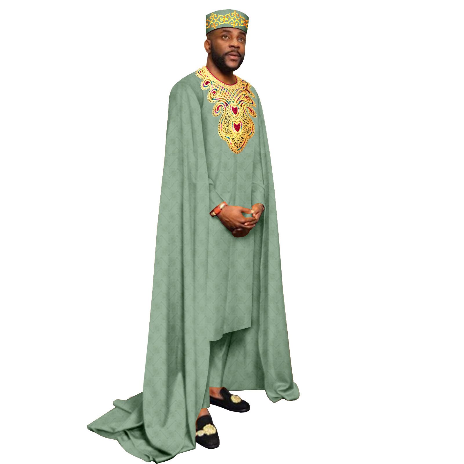 African Clothes for Men Embroidery Agbada Robe Pants Tribal Hat 3 Piece Set Wedding Outfits Traditional Attire