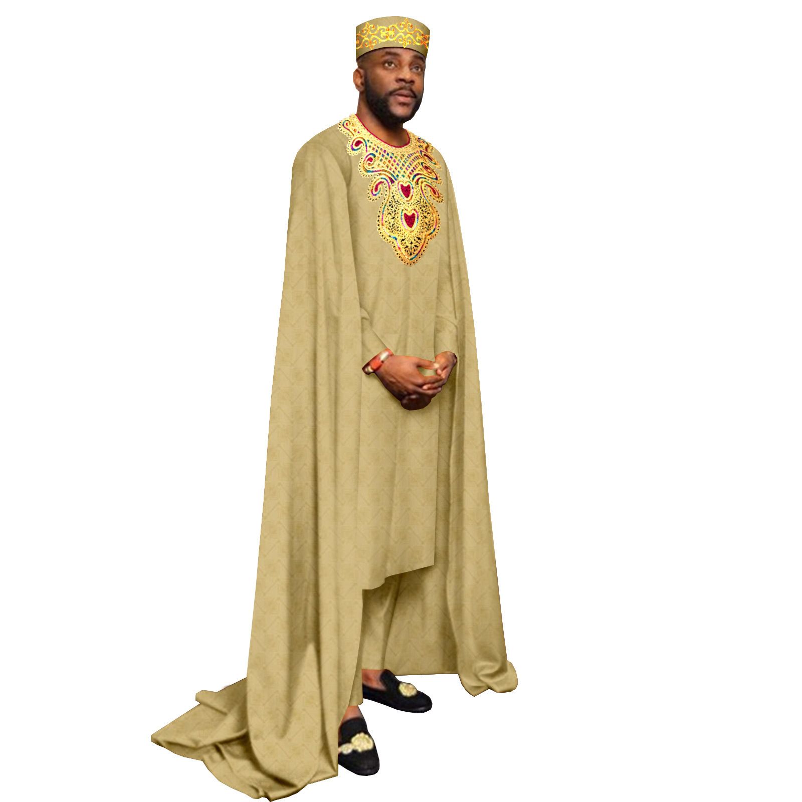 African Clothes for Men Embroidery Agbada Robe Pants Tribal Hat 3 Piece Set Wedding Outfits Traditional Attire