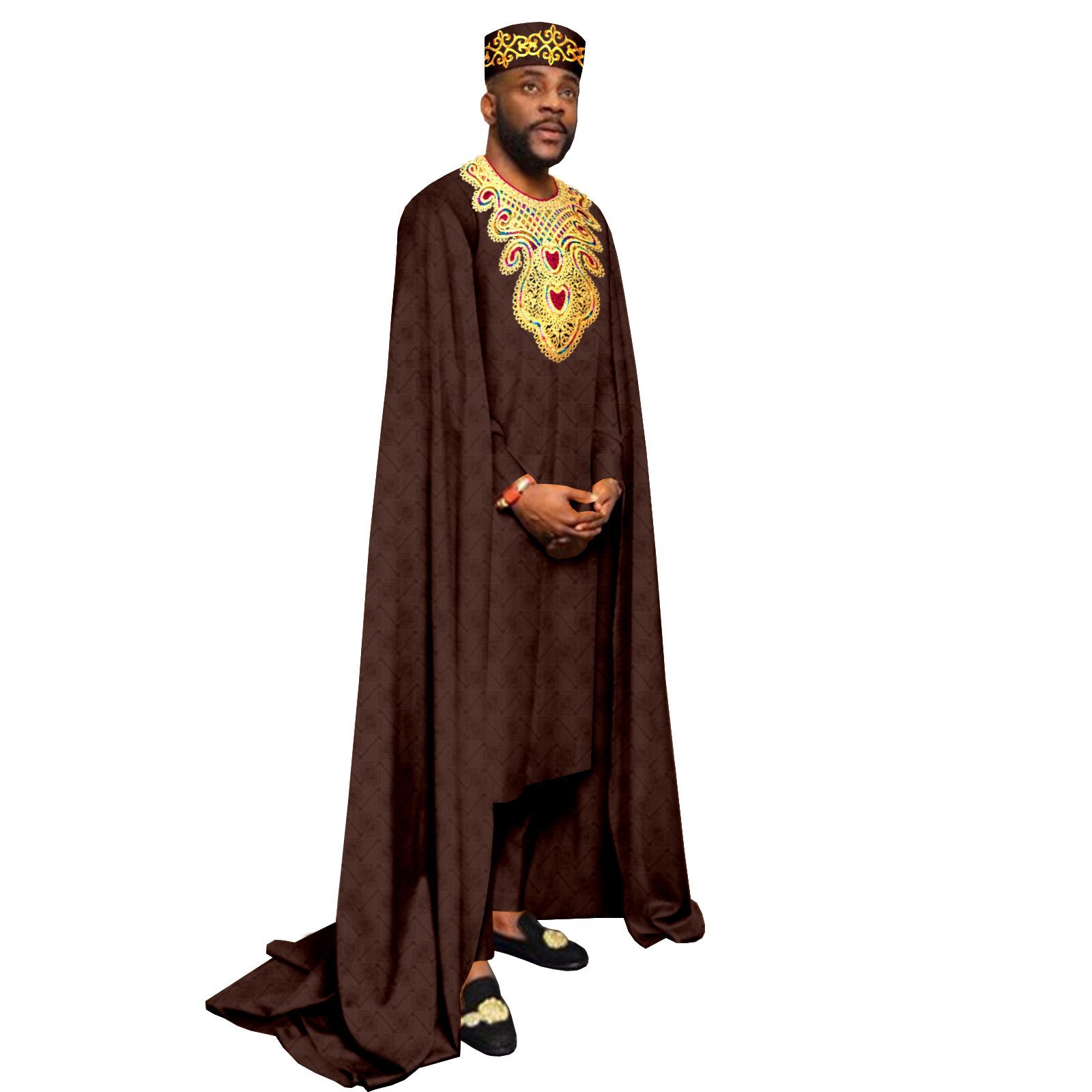 African Clothes for Men Embroidery Agbada Robe Pants Tribal Hat 3 Piece Set Wedding Outfits Traditional Attire