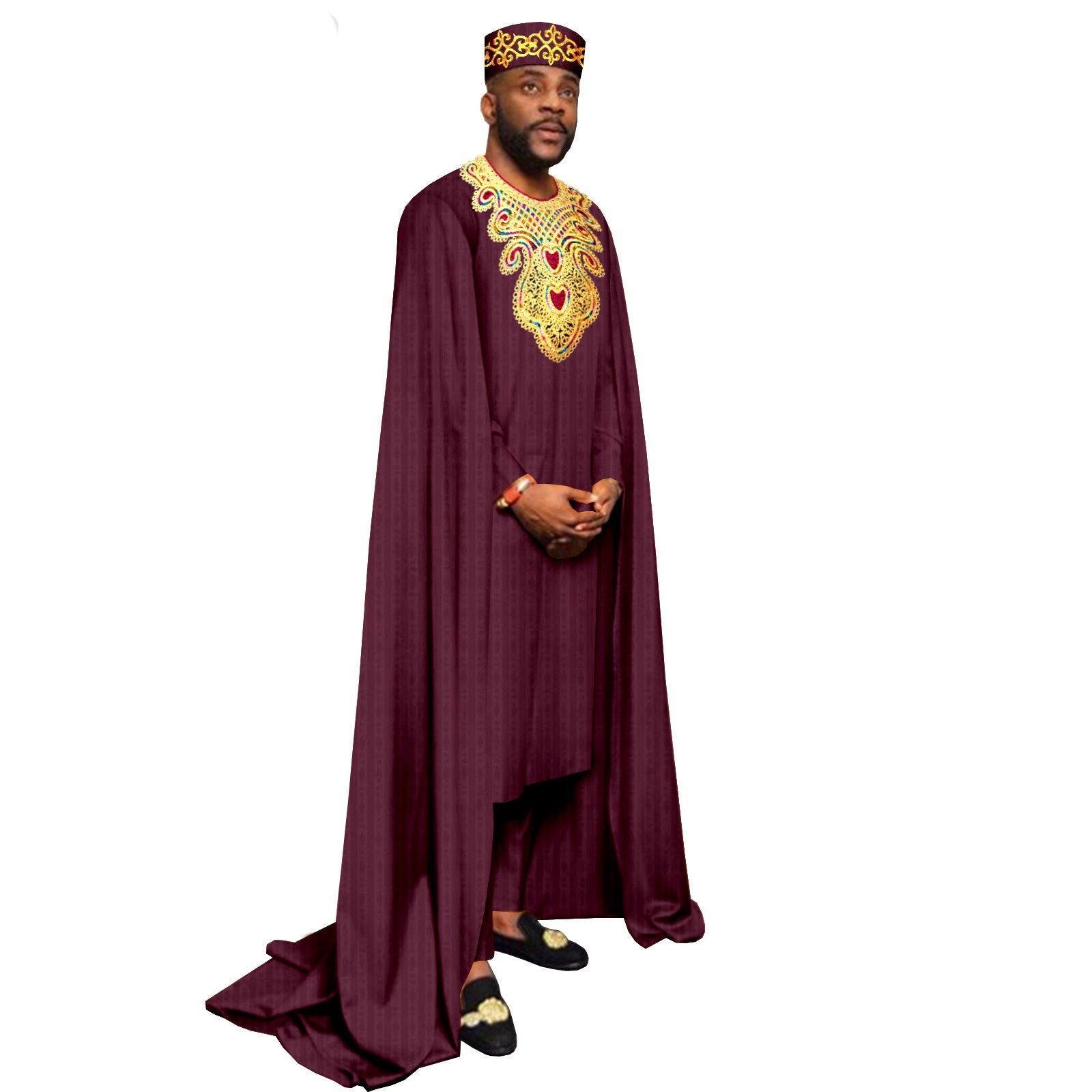 African Clothes for Men Embroidery Agbada Robe Pants Tribal Hat 3 Piece Set Wedding Outfits Traditional Attire