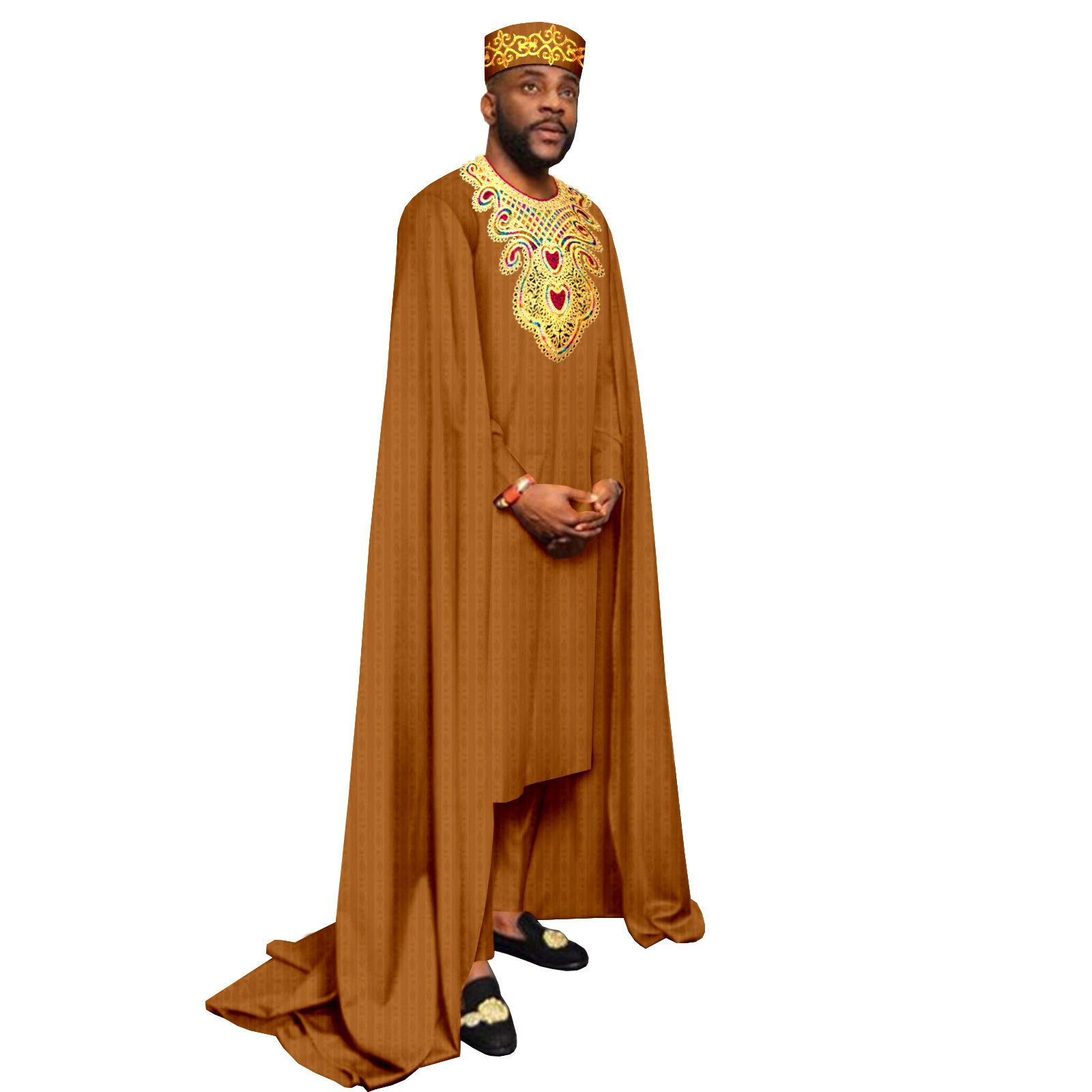 African Clothes for Men Embroidery Agbada Robe Pants Tribal Hat 3 Piece Set Wedding Outfits Traditional Attire