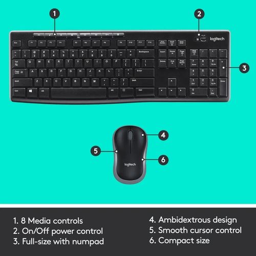 Logitech MK270 Wireless Keyboard & Mouse Combo, 2.4 GHz, Compact Design, 8 Multimedia Keys, Arabic Layout - Great for PC and Laptop Gaming - Black