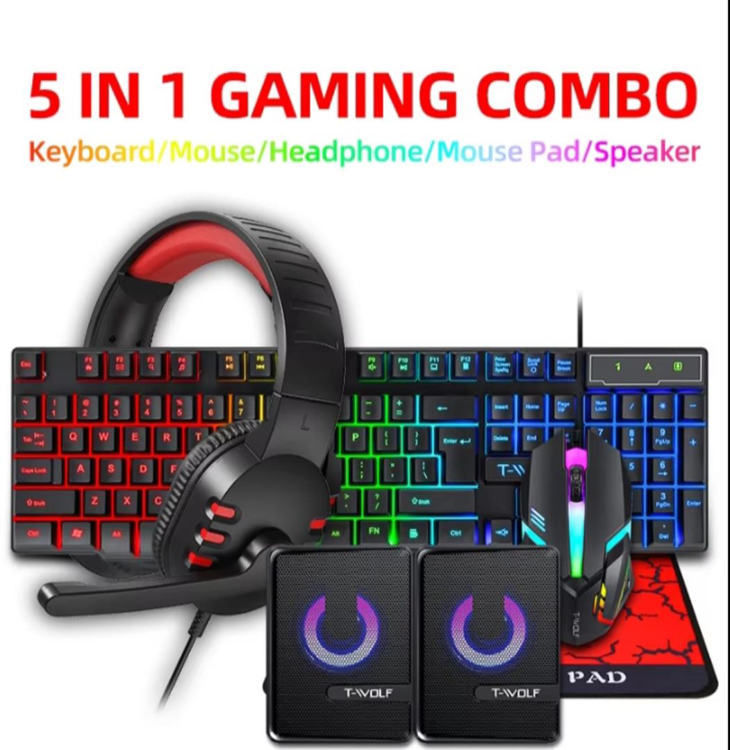T-Wolf 5 in 1 Gaming Combo Keyboard, Mouse, Headset, Mouse pad and Speakers
