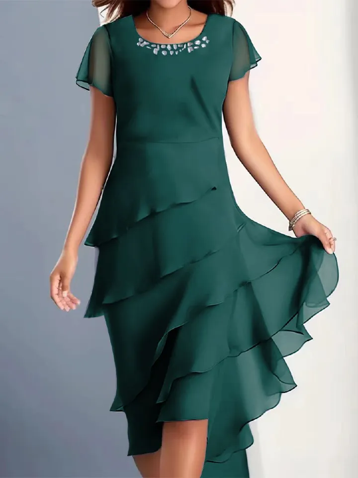 New ladies and socialites dress with patchwork chiffon round neck short sleeved work elite dress
