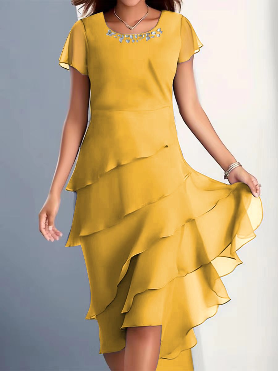 New ladies and socialites dress with patchwork chiffon round neck short sleeved work elite dress