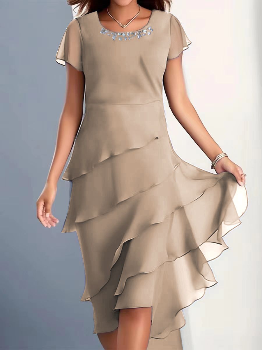 New ladies and socialites dress with patchwork chiffon round neck short sleeved work elite dress
