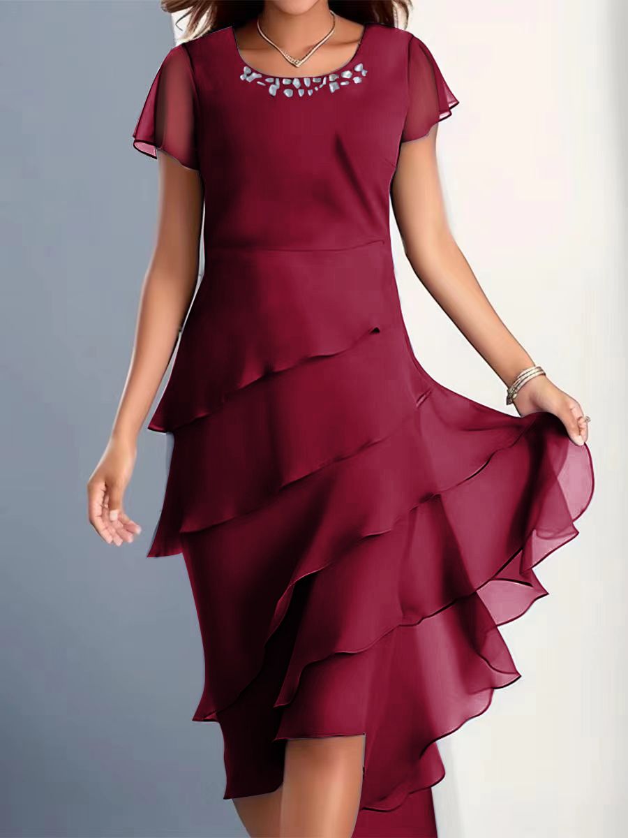 New ladies and socialites dress with patchwork chiffon round neck short sleeved work elite dress