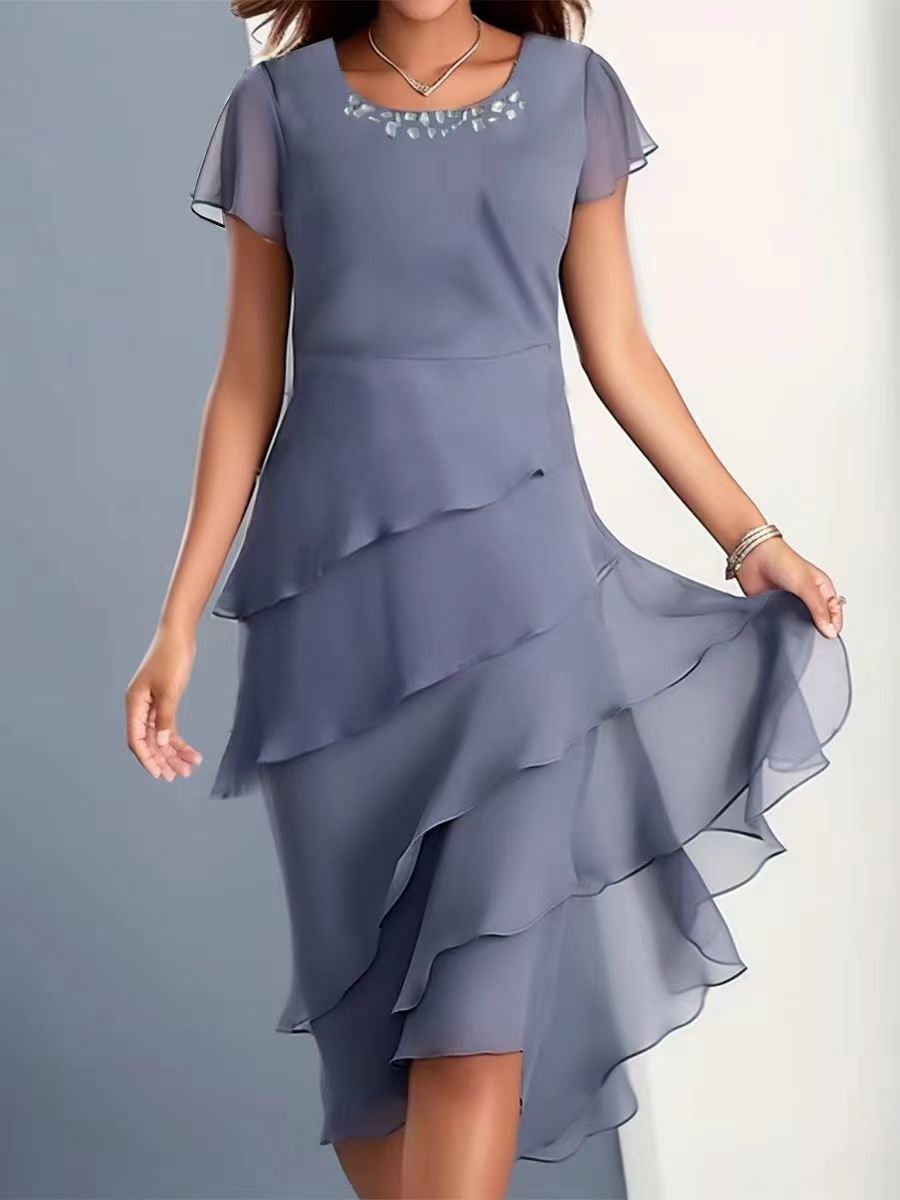 New ladies and socialites dress with patchwork chiffon round neck short sleeved work elite dress