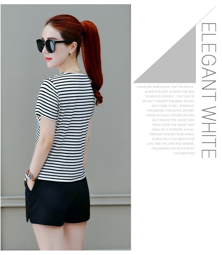Korean plus size T-shirt new loose slimming V-neck striped short sleeved women's summer fashion trend top
