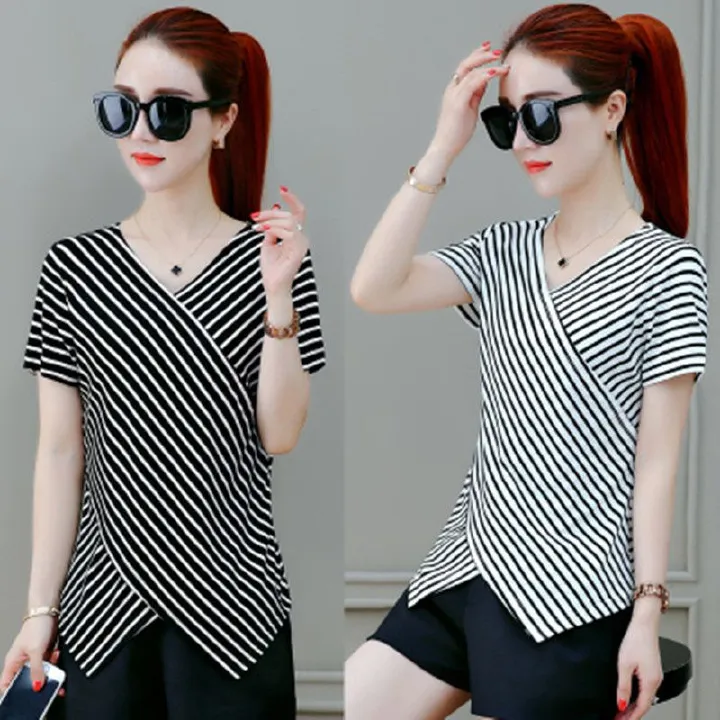 Korean plus size T-shirt new loose slimming V-neck striped short sleeved women's summer fashion trend top