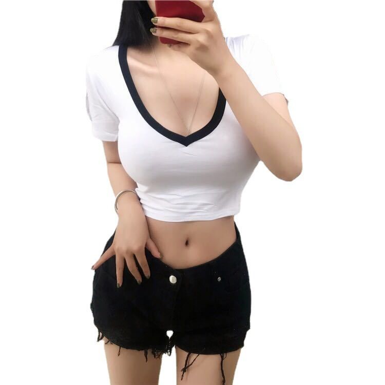 New slim fit short T-shirt for women 2024 summer top with exposed navel short sleeved high waisted chicken heart V-neck slim fit low neck student