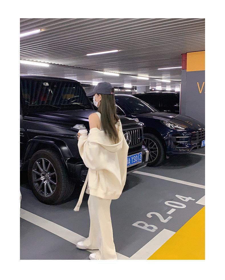 Pound milk apricot fish scale hooded sweatshirt zipper jacket women's spring and autumn new cardigan oversized early autumn top