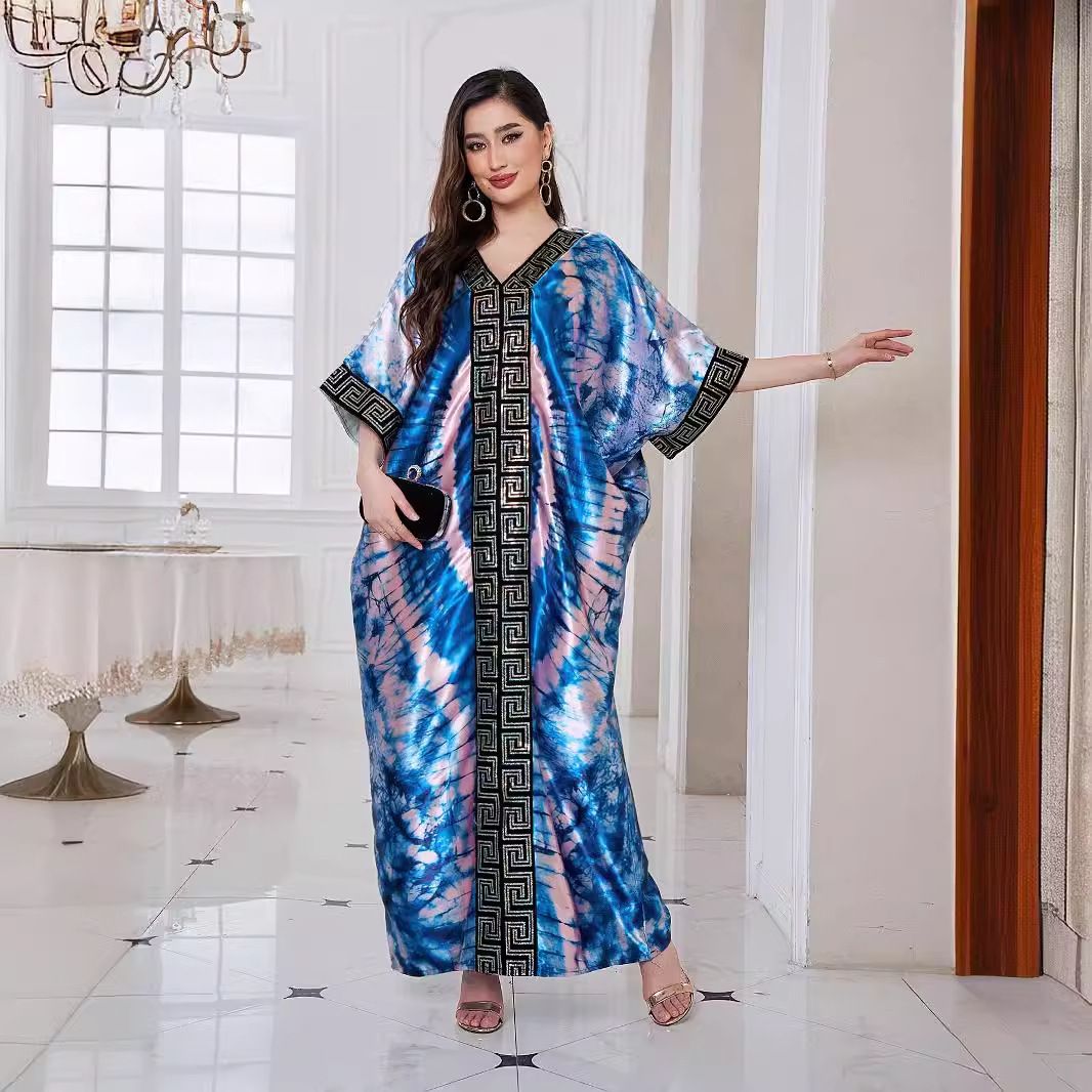 European, American, African pearl print loose robe with headscarf plus size long robe dress for women