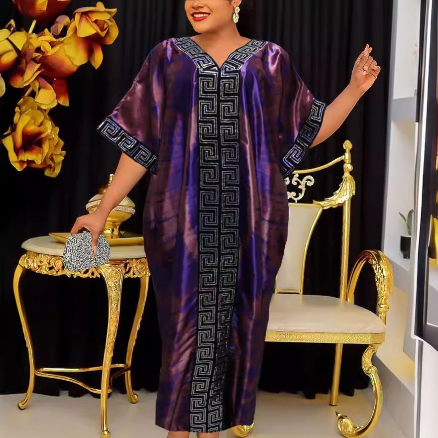 European, American, African pearl print loose robe with headscarf plus size long robe dress for women