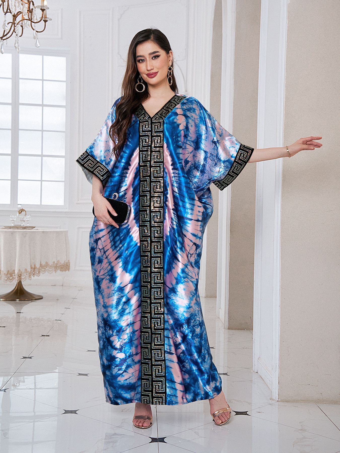 European, American, African pearl print loose robe with headscarf plus size long robe dress for women