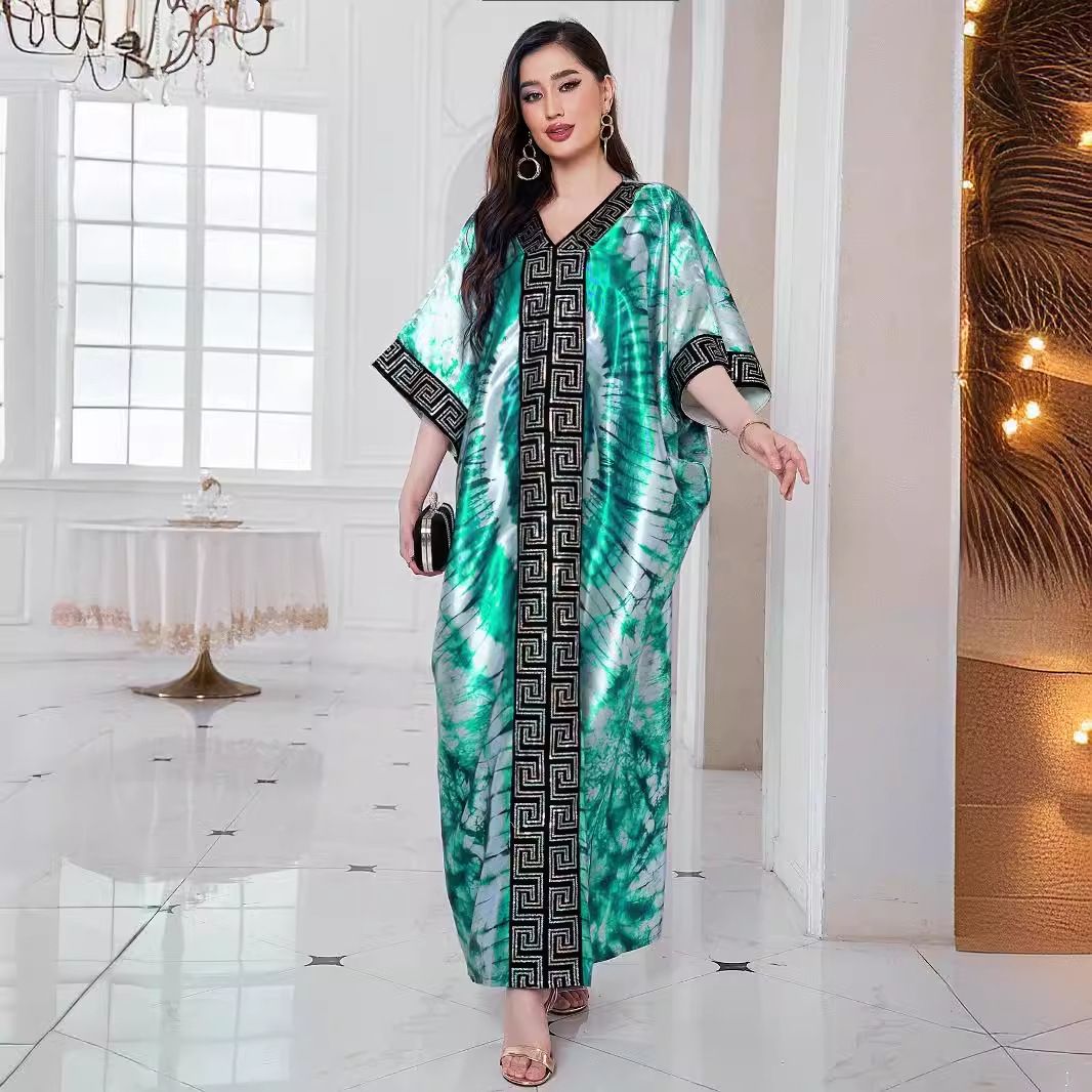 European, American, African pearl print loose robe with headscarf plus size long robe dress for women