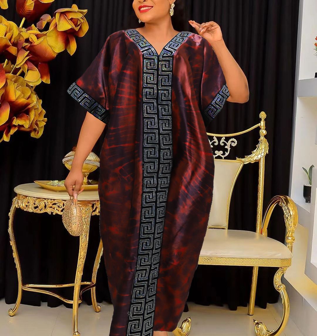 European, American, African pearl print loose robe with headscarf plus size long robe dress for women