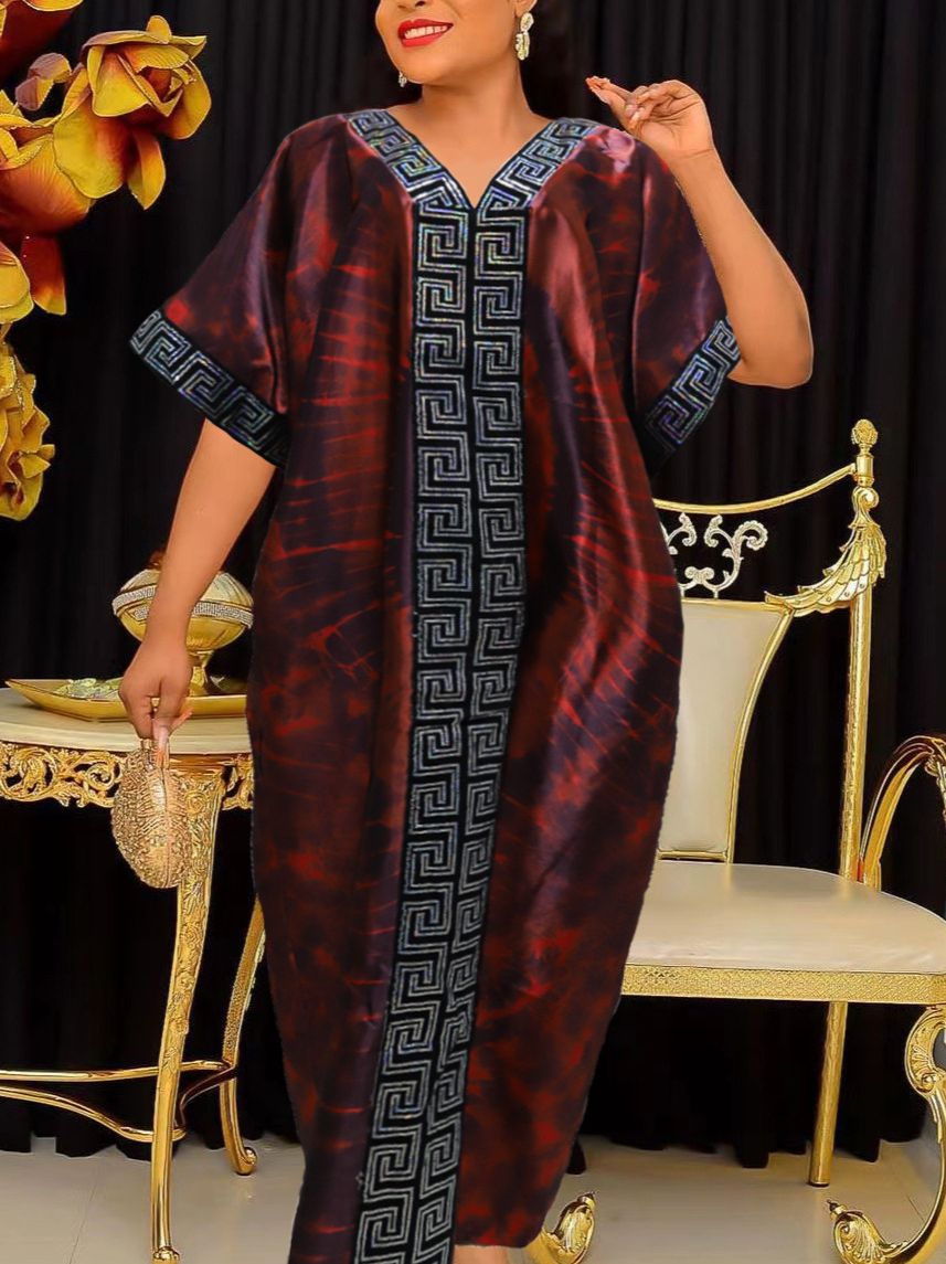 European, American, African pearl print loose robe with headscarf plus size long robe dress for women
