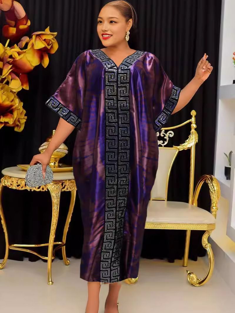 European, American, African pearl print loose robe with headscarf plus size long robe dress for women