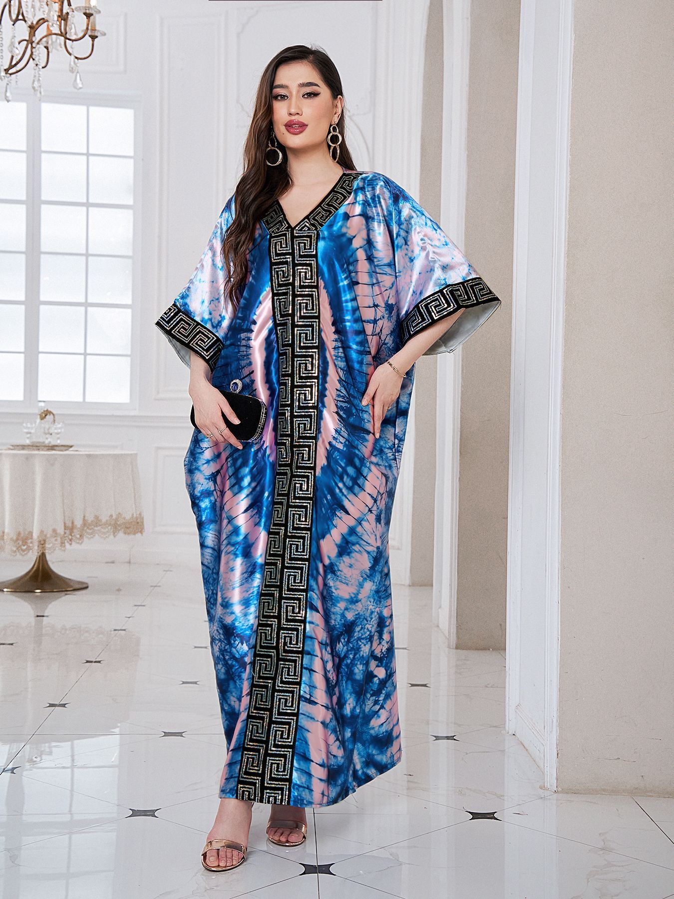 European, American, African pearl print loose robe with headscarf plus size long robe dress for women