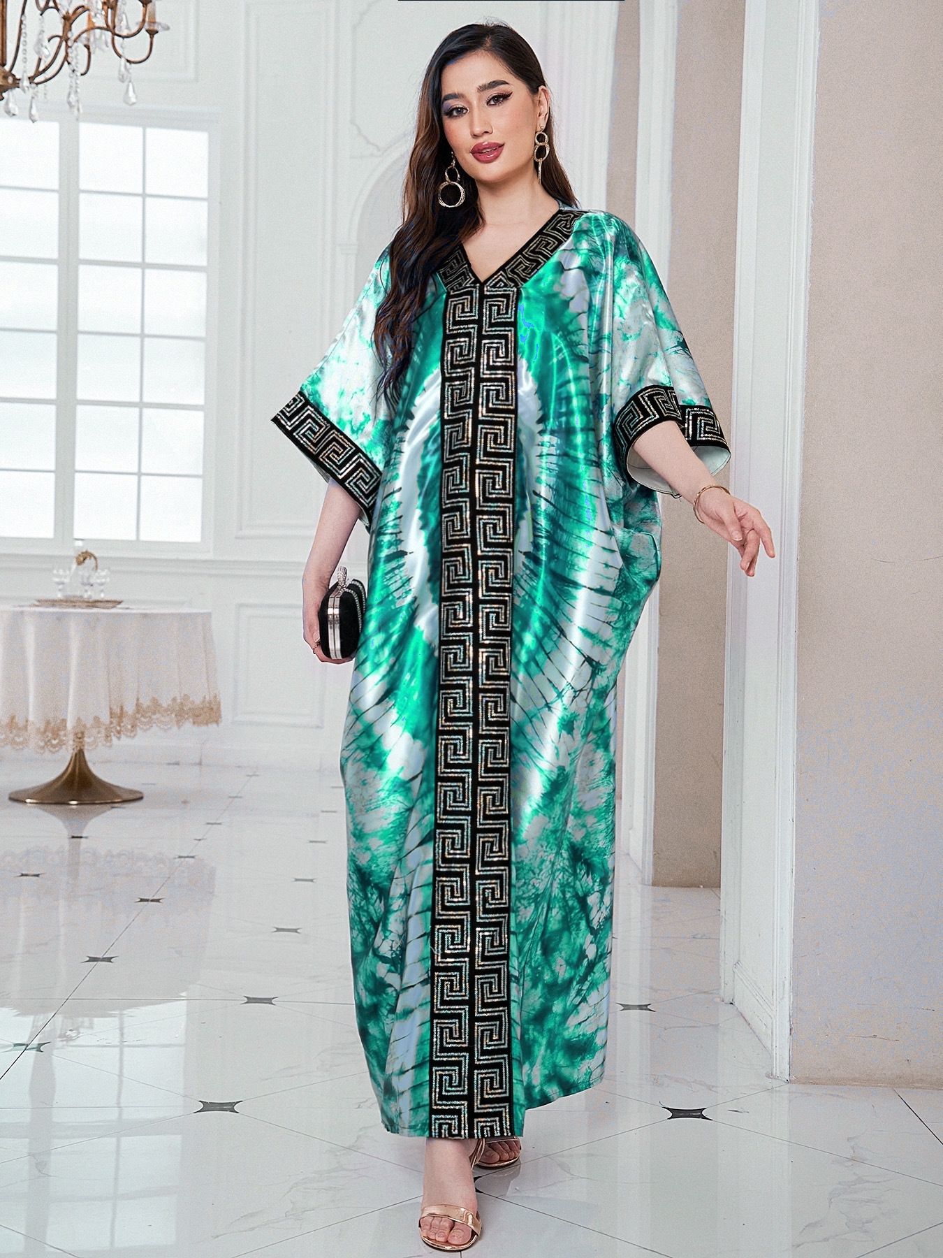 European, American, African pearl print loose robe with headscarf plus size long robe dress for women