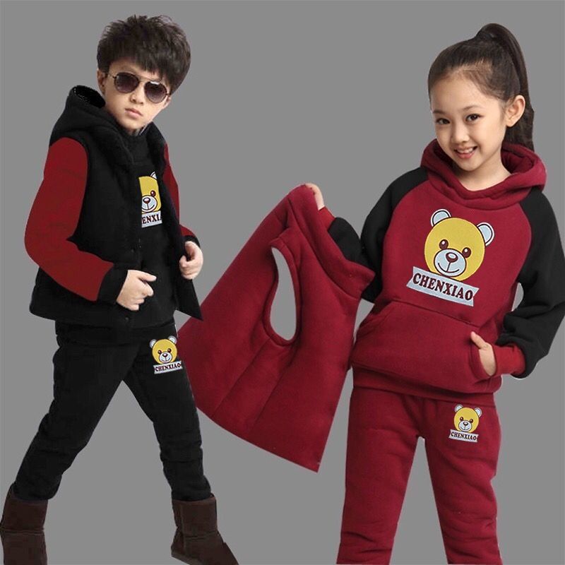 【 Top+Pants+Vest 】 Children's autumn and winter set, men's and women's hoodies with fleece insulation, three piece set, children's clothing