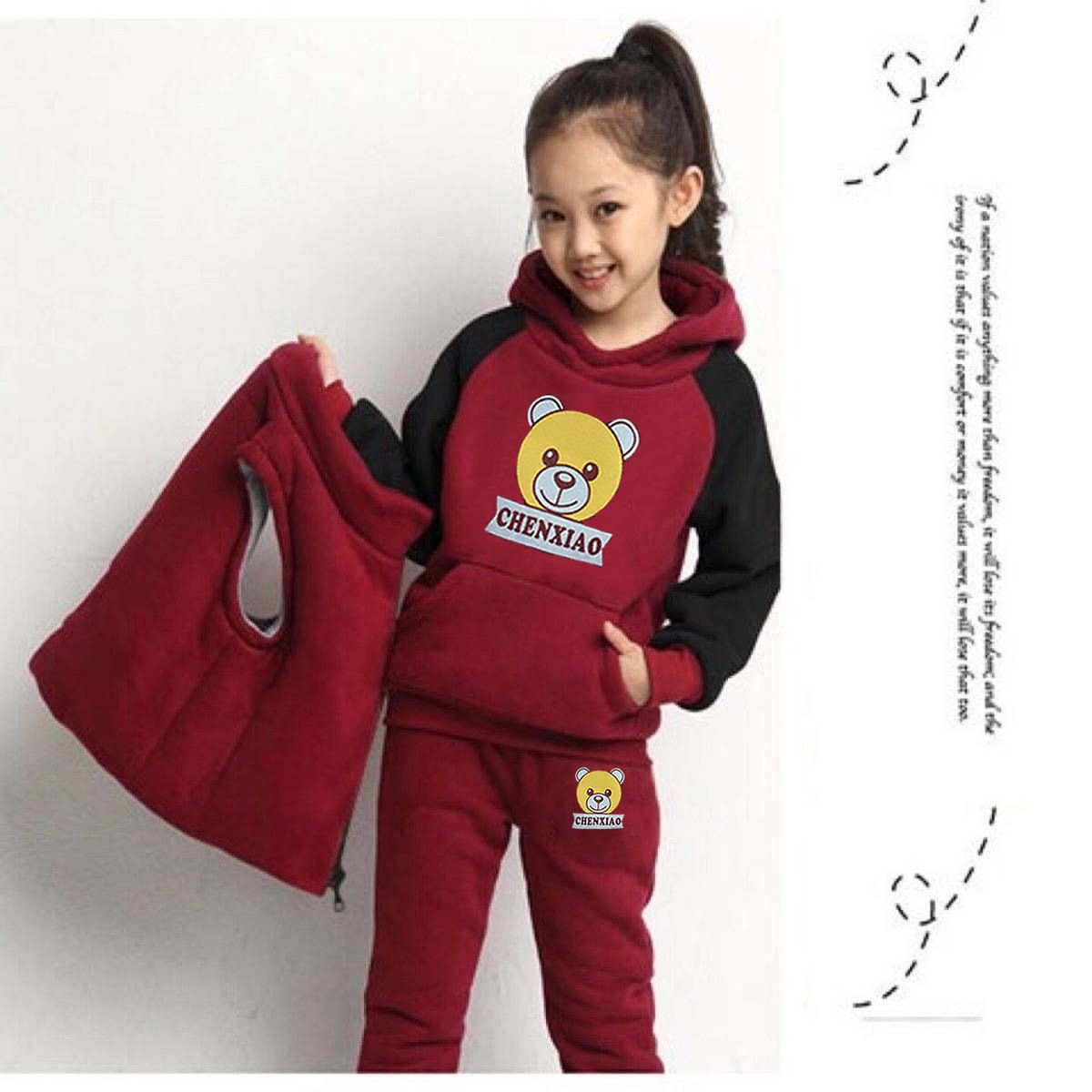 【 Top+Pants+Vest 】 Children's autumn and winter set, men's and women's hoodies with fleece insulation, three piece set, children's clothing