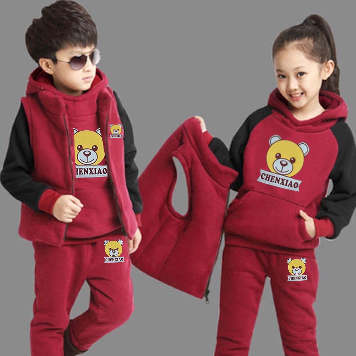 【 Top+Pants+Vest 】 Children's autumn and winter set, men's and women's hoodies with fleece insulation, three piece set, children's clothing