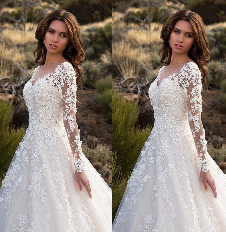 Elegant and beautiful European and American women's dress long sleeved solid color perspective lace bridal wedding dress