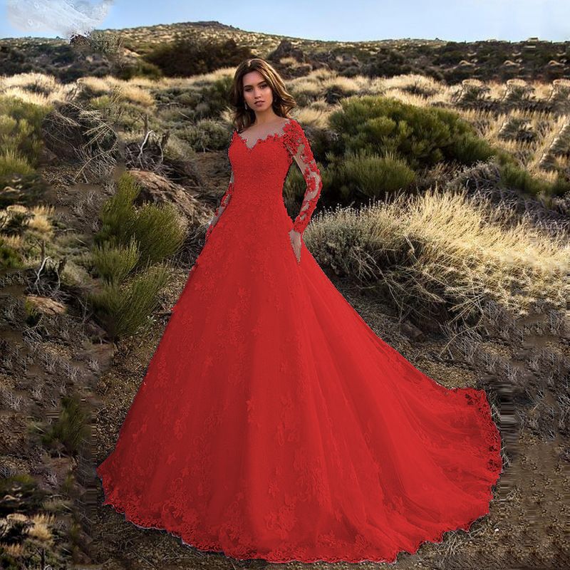 Elegant and beautiful European and American women's dress long sleeved solid color perspective lace bridal wedding dress
