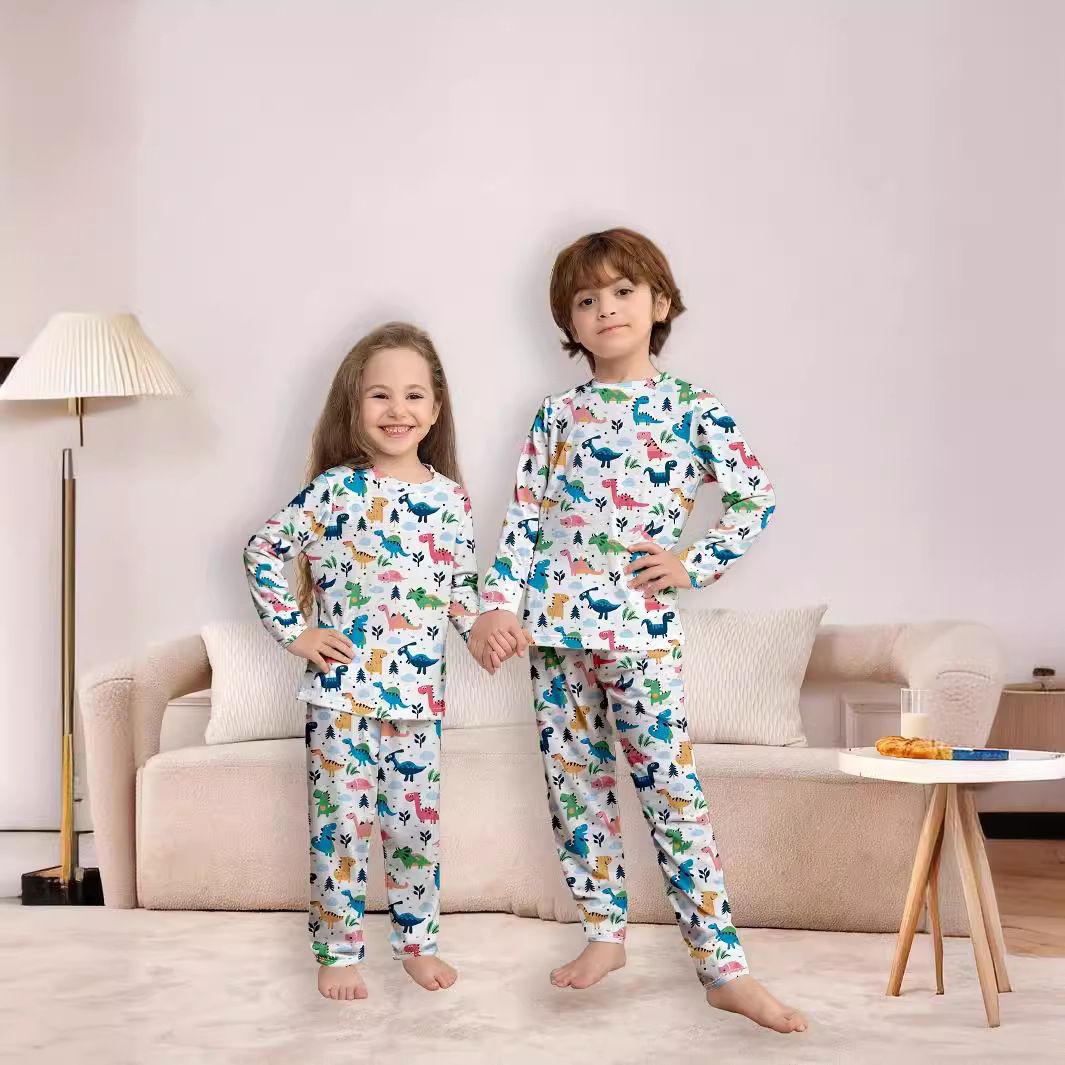 Children's round neck autumn base underwear set, small, medium and large, boys and girls cartoon dinosaur printed pajamas, home clothes
