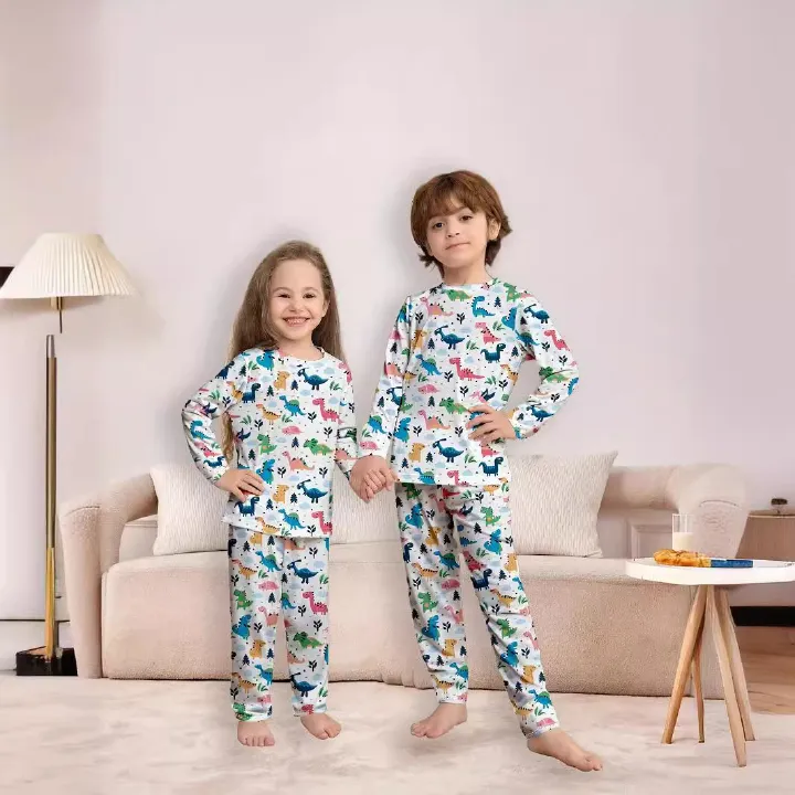 Children's round neck autumn base underwear set, small, medium and large, boys and girls cartoon dinosaur printed pajamas, home clothes