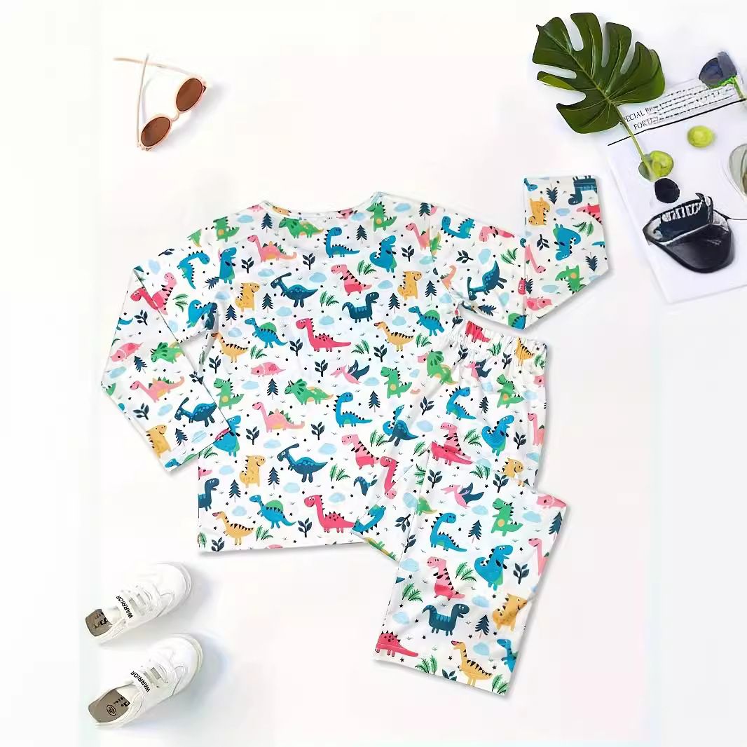 Children's round neck autumn base underwear set, small, medium and large, boys and girls cartoon dinosaur printed pajamas, home clothes