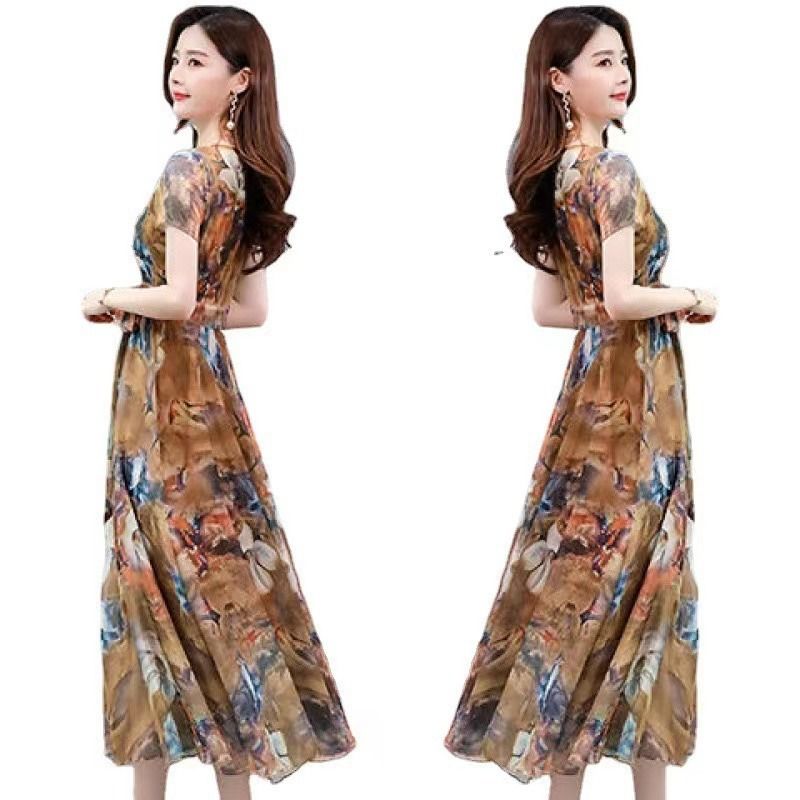 Summer new French retro printed dress with ice silk waist cinching and slimming effect, floral long skirt, V-neck beach skirt