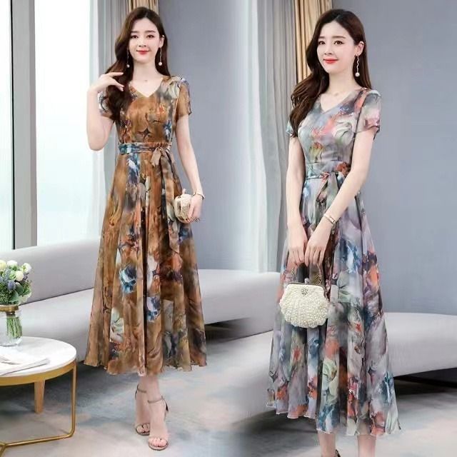 Summer new French retro printed dress with ice silk waist cinching and slimming effect, floral long skirt, V-neck beach skirt