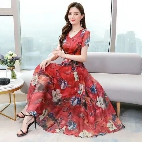 Summer new French retro printed dress with ice silk waist cinching and slimming effect, floral long skirt, V-neck beach skirt