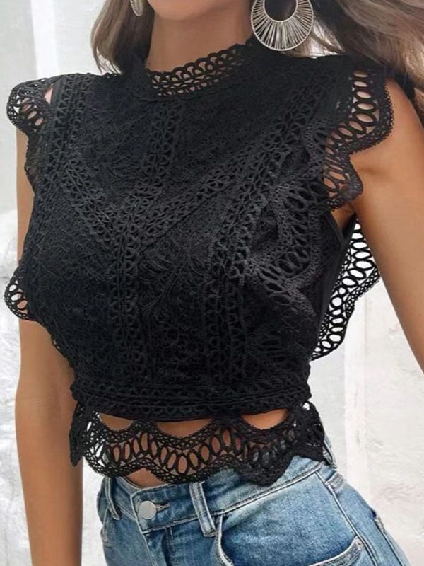 Summer new European and American hot selling fashion personalized hollow solid color geometric pattern women's top lace chiffon shirt