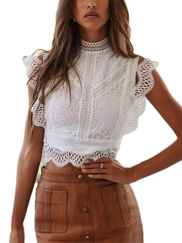 Summer new European and American hot selling fashion personalized hollow solid color geometric pattern women's top lace chiffon shirt