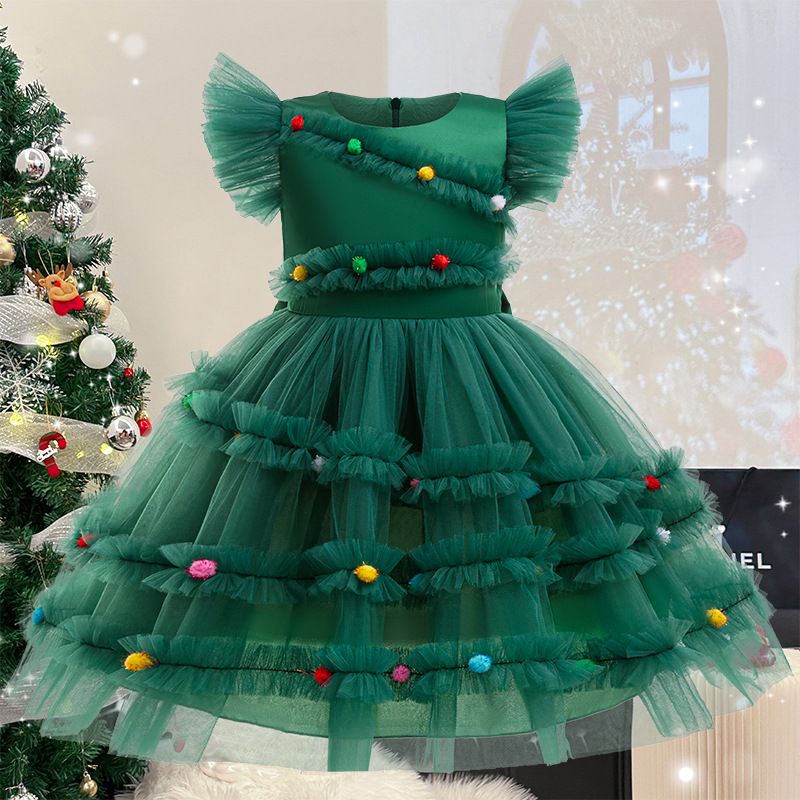 Christmas party dress, girls' princess dress, bow solid color dress, children's dress, evening dress