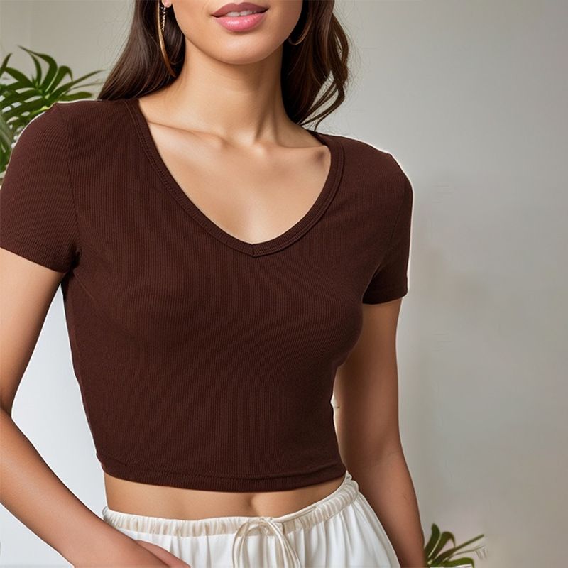 New women's cotton ribbed slim fit V-neck short sleeved versatile base top